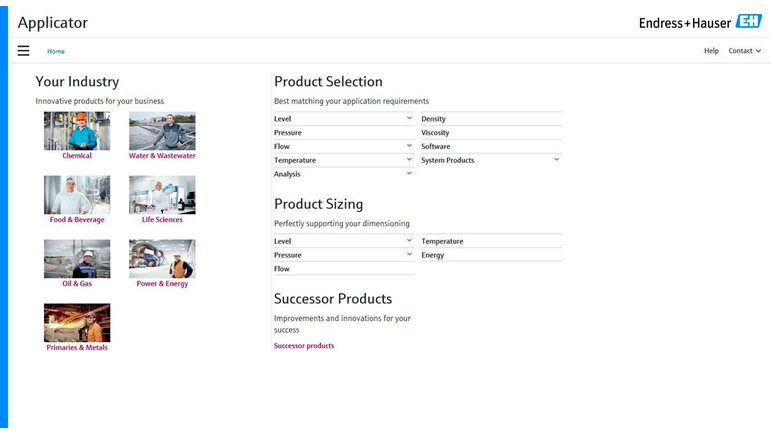 starting page of Endress+Hauser Applicator starting page of Endress+Hauser Applicator