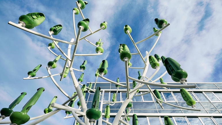 A ‘wind tree’ with tiny turbines generates green energy.